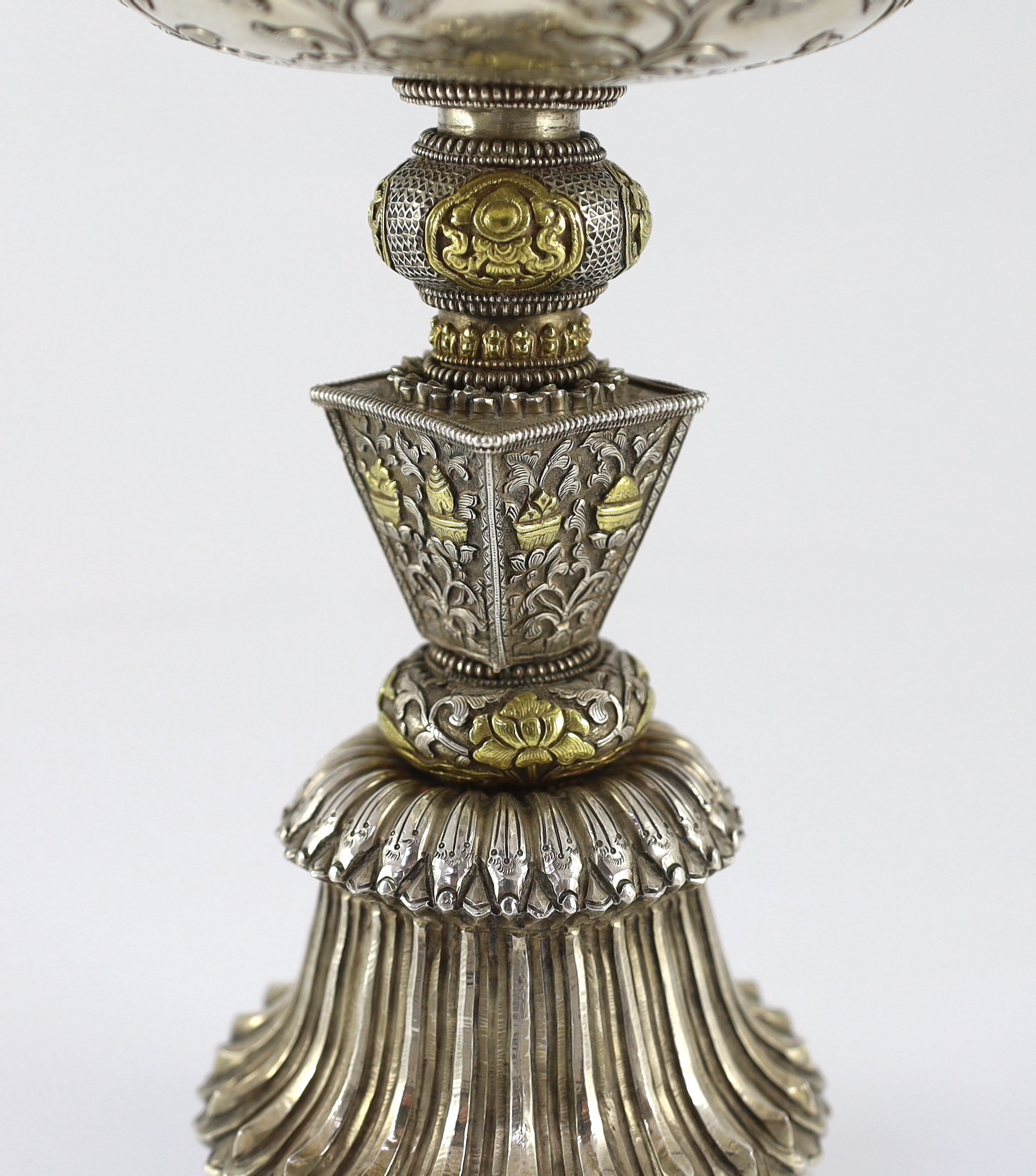 A large Tibetan silver and parcel gilt butter lamp, syou deng, 19th century